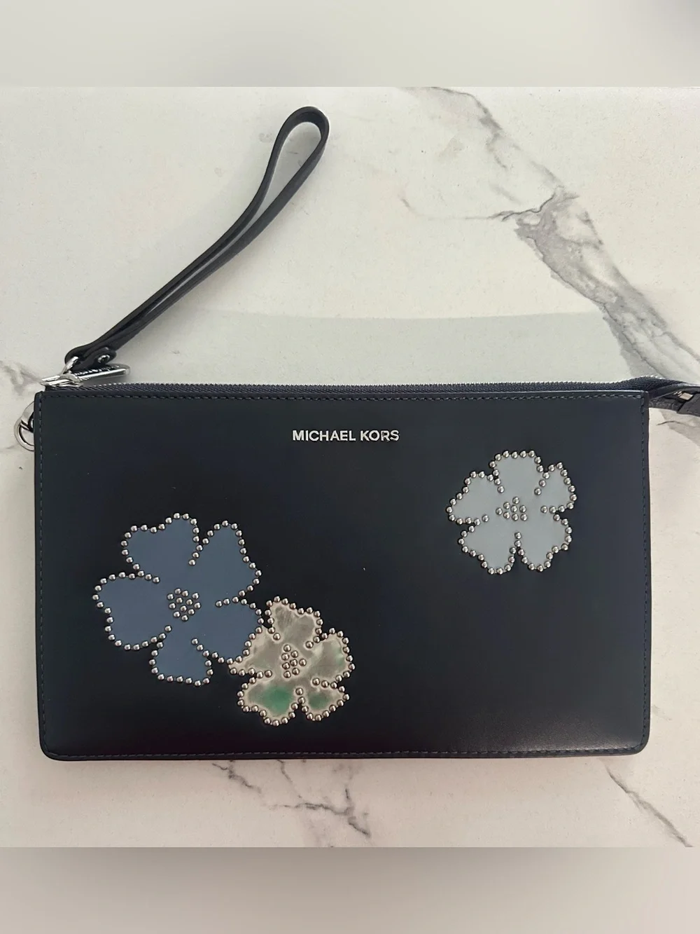 Michael Kors 3D Floral Wristlet Navy Blue – Excellent Condition